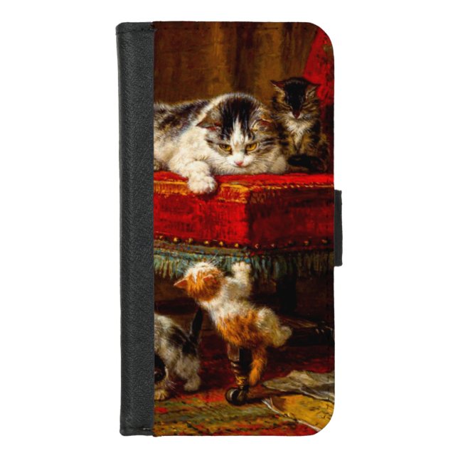 Cat and Kittens Playing with Chair iPhone Wallet Case (Front)