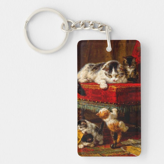 Cat and Kittens Playing with Chair Keychain (Front)