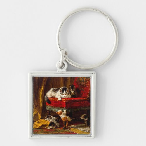Cat and Kittens Playing with Chair Keychain