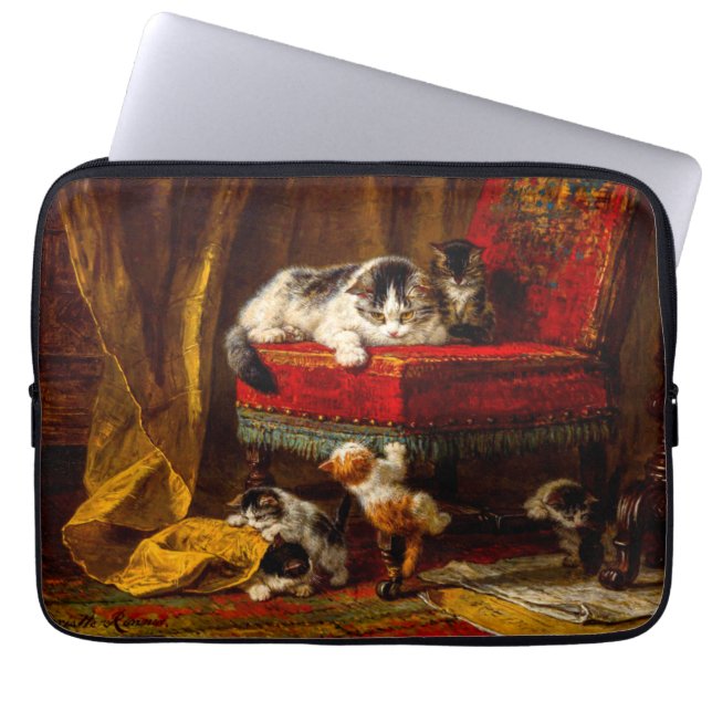Cat and Kittens Playing with Chair Laptop Sleeve (Front)