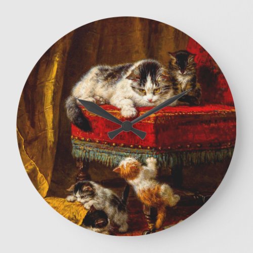 Cat and Kittens Playing with Chair Large Clock