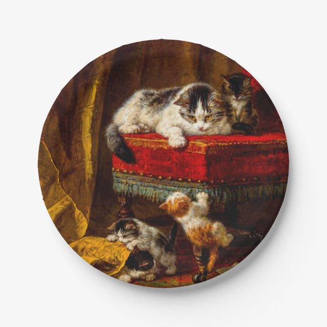 Cat and Kittens Playing with Chair Paper Plates (Front)