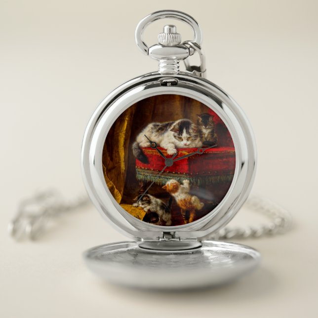 Cat and Kittens Playing with Chair Pocket Watch (Inside)