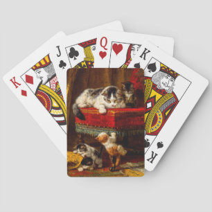 Cat and Kittens Playing with Chair Poker Cards