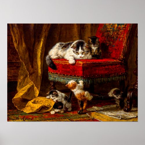 Cat and Kittens Playing with Chair Poster