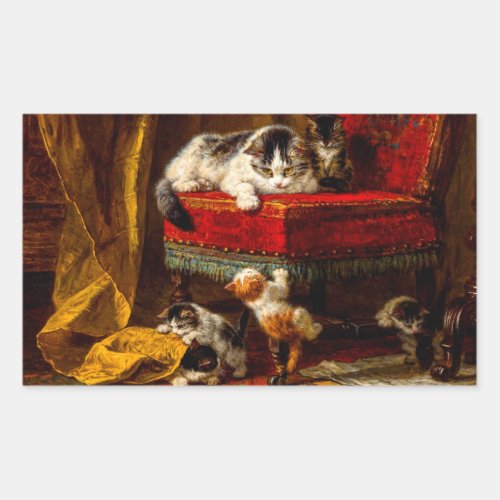 Cat and Kittens Playing with Chair Rectangular Sticker