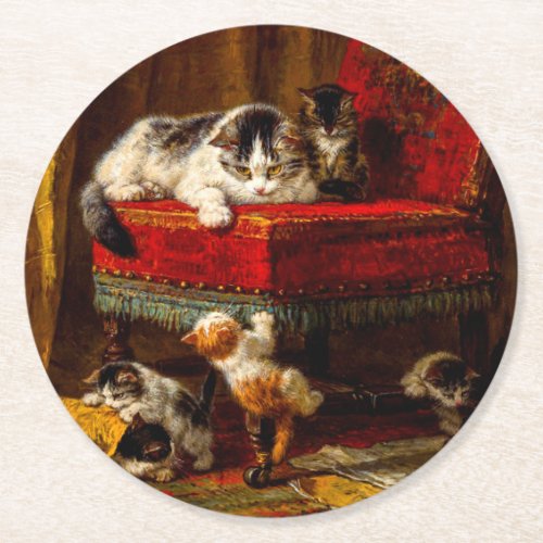 Cat and Kittens Playing with Chair Round Paper Coaster