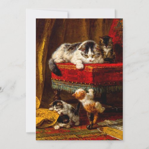 Cat and Kittens Playing with Chair Save The Date