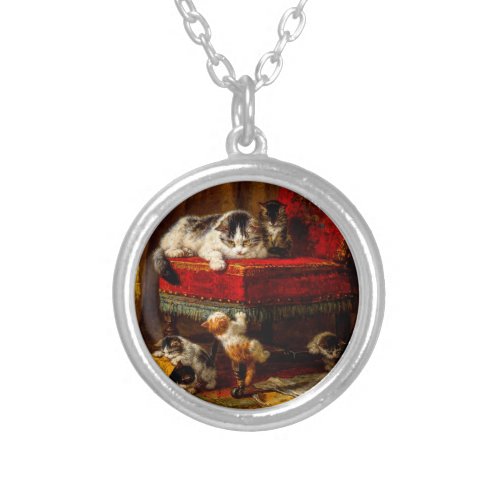 Cat and Kittens Playing with Chair Silver Plated Necklace