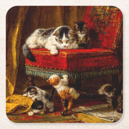 Cat and Kittens Playing with Chair Square Paper Coaster