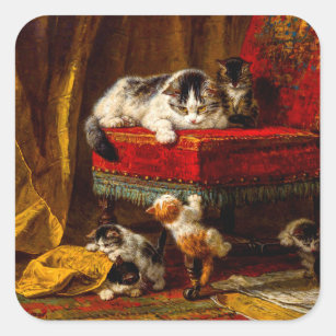 Cat and Kittens Playing with Chair Square Sticker