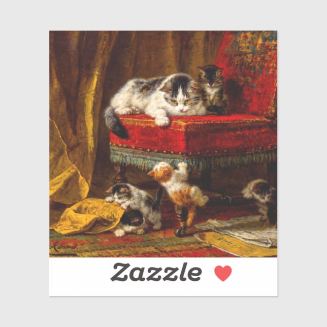 Cat and Kittens Playing with Chair Sticker (Sheet)