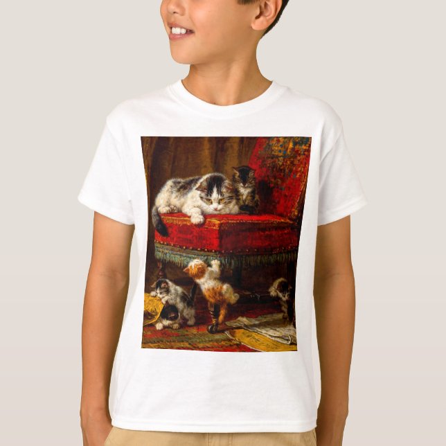 Cat and Kittens Playing with Chair T-Shirt (Front)
