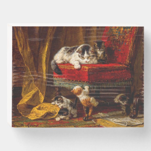 Cat and Kittens Playing with Chair Wooden Box Sign (Front Horizontal)
