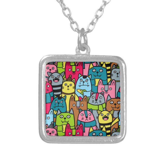 Cat and kittens silver plated necklace (Front)
