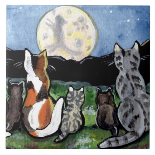 Cat and Kittens Watching Moon 6 Tile Trivet