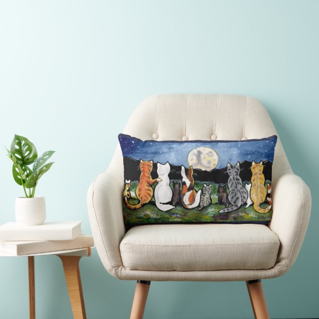 Cat and Kittens Watching Moon Designer Art Pillow (Chair)
