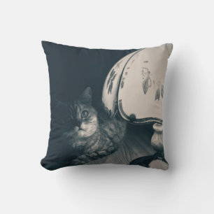 Cat and Lamp Noir Style Photograph Throw Pillow