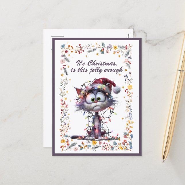 Cat and Lights It's Christmas Is This Jolly Enough Holiday Postcard (Front/Back In Situ)