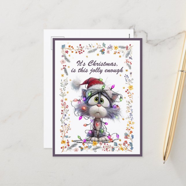 Cat and Lights It's Christmas Is This Jolly Enough Holiday Postcard (Front/Back In Situ)