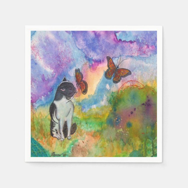 Cat and Monarchs Paper Napkins (Front)