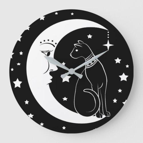 Cat And Moon Mystic BW Wall Clock