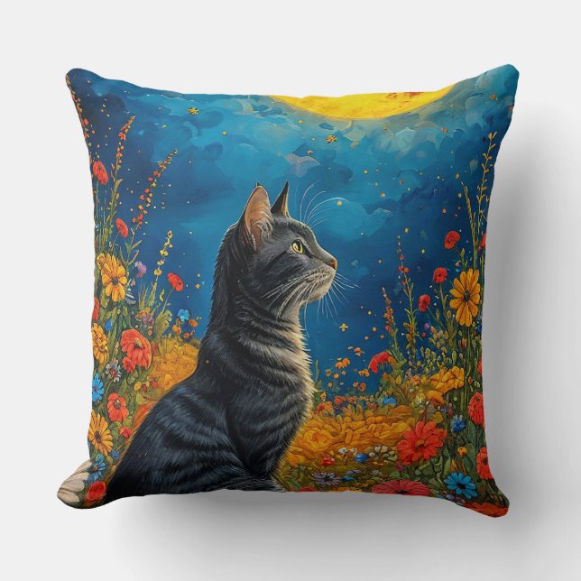 Cat and moon throw pillow (Front)