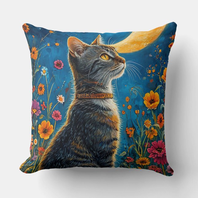 Cat and moon throw pillow (Front)