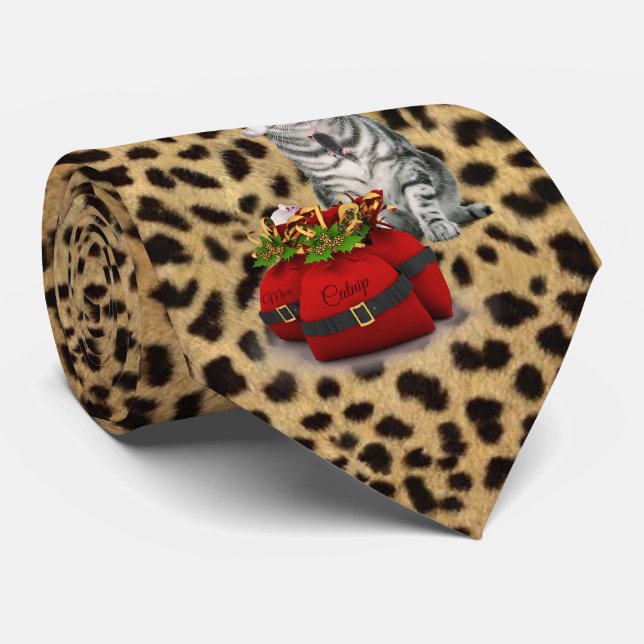Cat and Mouse Christmas Cheetah Print Tie (Rolled)