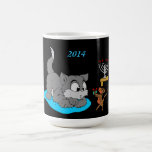 Cat and Mouse- Coffee Mug<br><div class="desc">This design features a brown mouse giving a grey kitten a wrapped gift. A menorah with candles is glowing in the dark. The kitten is laying on a pillow. The year 2014 is printed on the top of this design. These mugs are available in assorted styles, colors and sizes.</div>