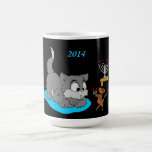 Cat and Mouse- Coffee Mug<br><div class="desc">This design features a brown mouse giving a grey kitten a wrapped gift. A menorah with candles is glowing in the dark. The kitten is laying on a pillow. The year 2014 is printed on the top of this design. These mugs are available in assorted styles,  colors and sizes.</div>
