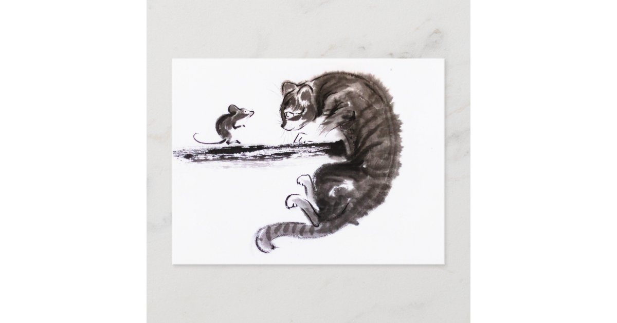 Cat And Mouse Encounter Sumie Painting Invitation Postcard
