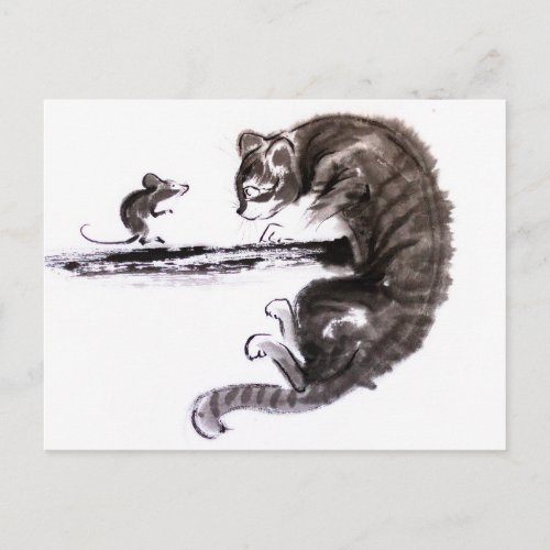 Cat And Mouse encounter sumie painting Postcard