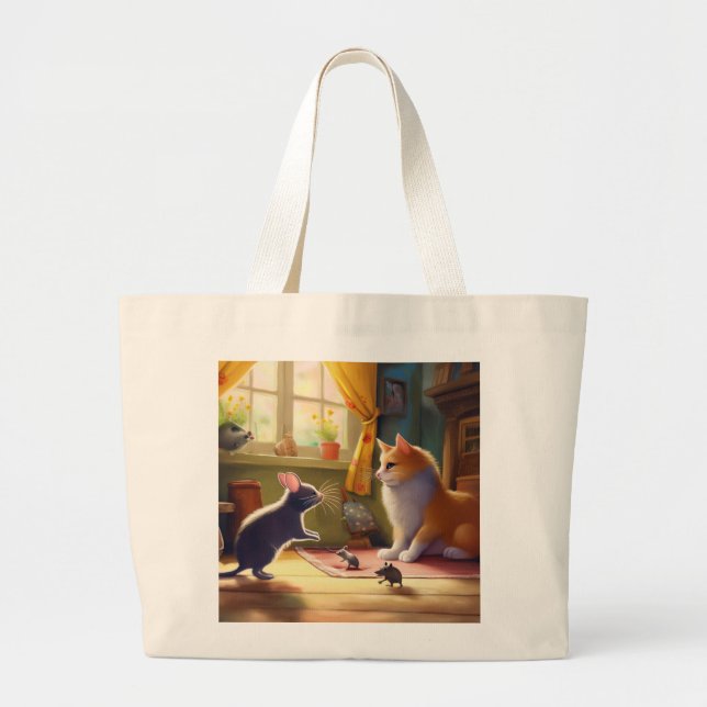 "Cat and Mouse Friendship - Playful Encounter" Large Tote Bag (Front)
