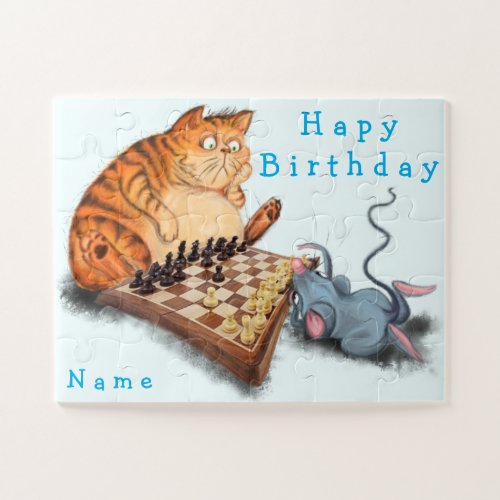 Cat and Mouse Playing Chess _ Add Name _ Birthday Jigsaw Puzzle