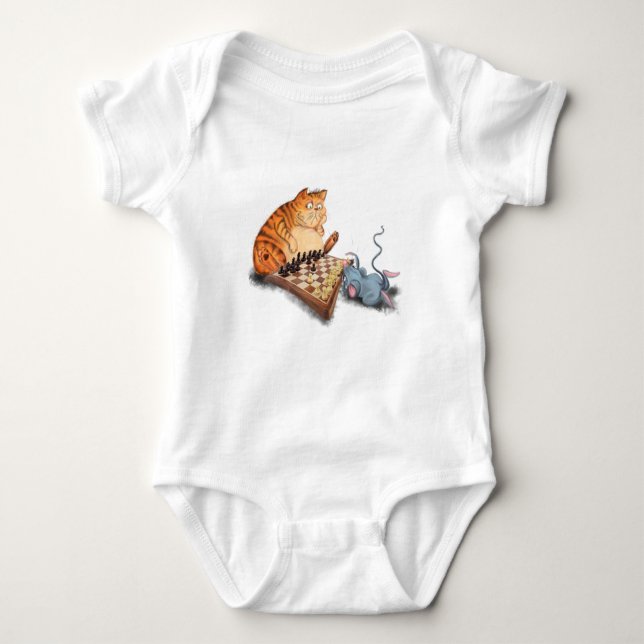 Cat and Mouse Playing Chess Baby Bodysuit (Front)