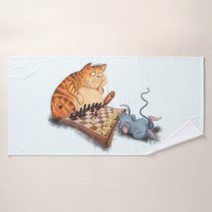 Cat and Mouse Playing Chess Cartoon Drawing Fun Bath Towel