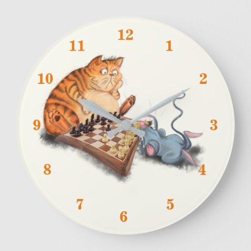 Cat and Mouse Playing Chess Cartoon Drawing Fun Large Clock