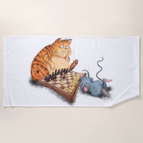 Cat and Mouse Playing Chess Cartoon Drawing Funny  Beach Towel