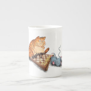 Cat and Mouse Playing Chess Cartoon Drawing Funny Bone China Mug