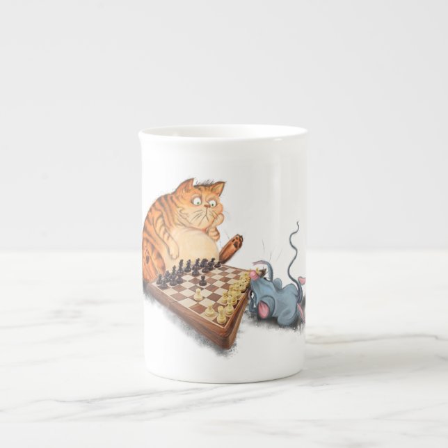 Cat and Mouse Playing Chess Cartoon Drawing Funny  Bone China Mug (Front)