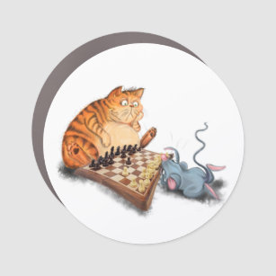 Cat and Mouse Playing Chess Cartoon Drawing Funny  Car Magnet