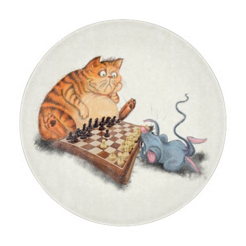 Cat and Mouse Playing Chess Cartoon Drawing Funny  Cutting Board