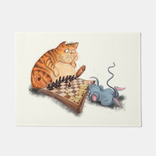 Cat and Mouse Playing Chess Cartoon Drawing Funny  Doormat