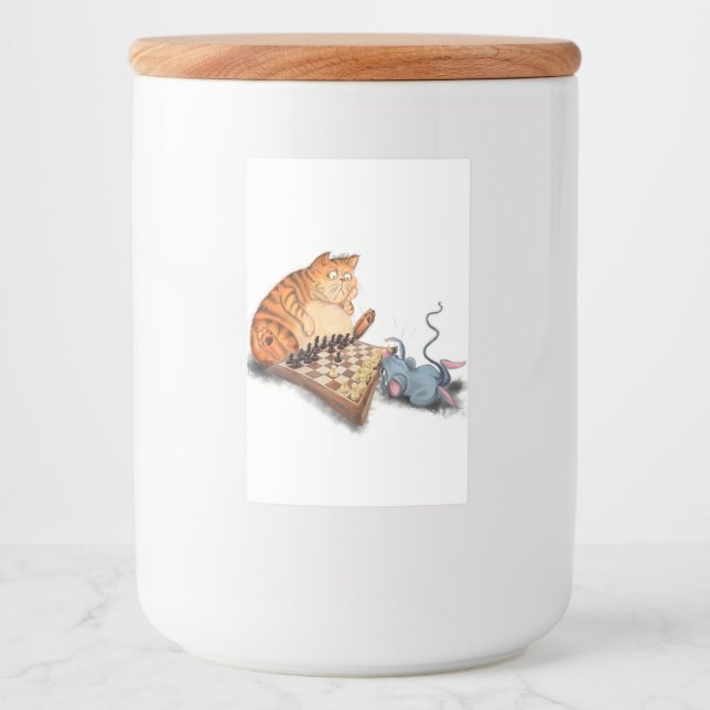 Cat and Mouse Playing Chess Cartoon Drawing Funny  Food Label (Front)