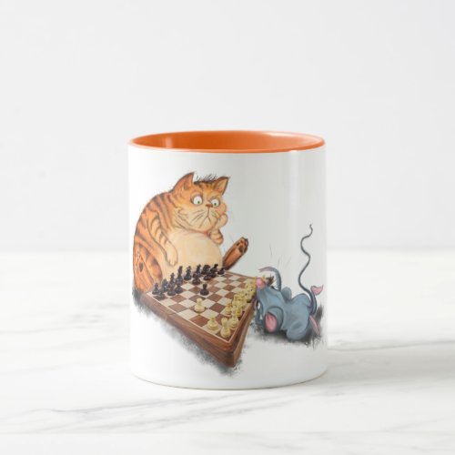 Cat and Mouse Playing Chess Cartoon Drawing Funny  Mug