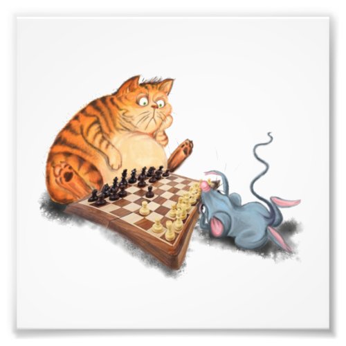 Cat and Mouse Playing Chess Cartoon Drawing Funny  Photo Print