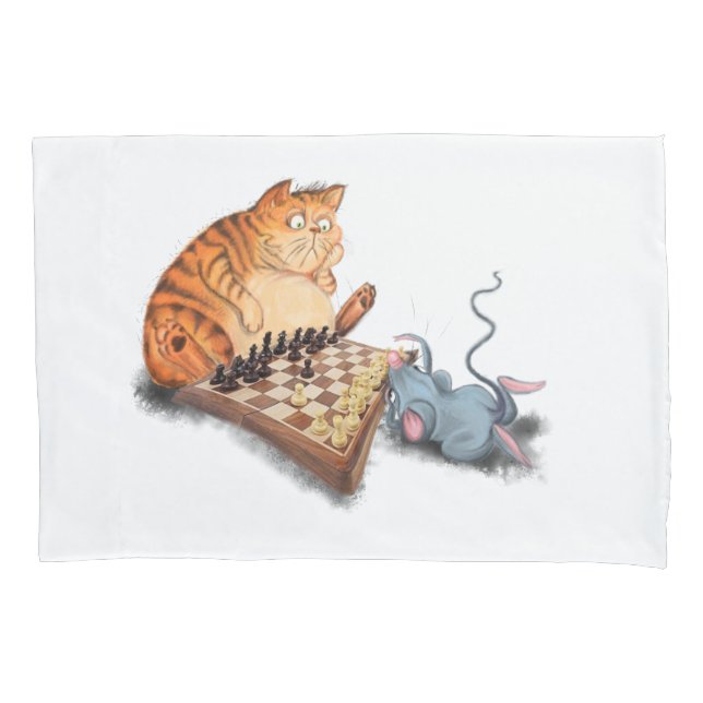 Cat and Mouse Playing Chess Cartoon Drawing Funny  Pillow Case (Front)