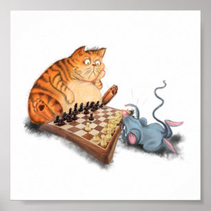 Cat and Mouse Playing Chess Cartoon Drawing Funny Poster