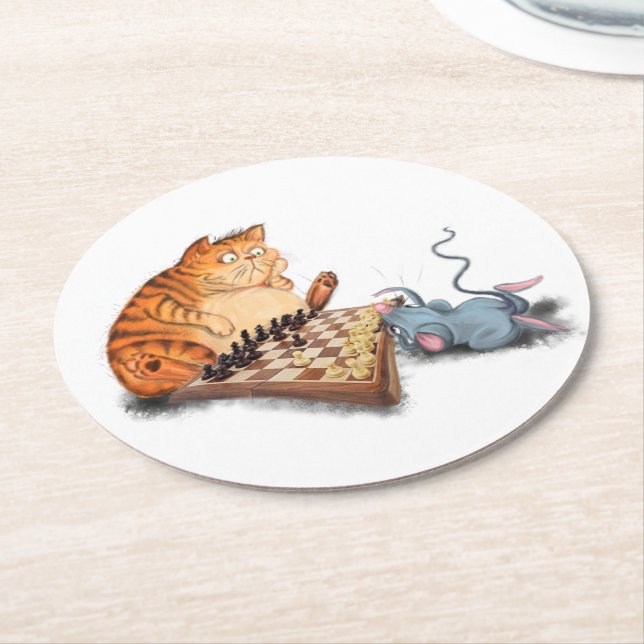 Cat and Mouse Playing Chess Cartoon Drawing Funny  Round Paper Coaster (Angled)